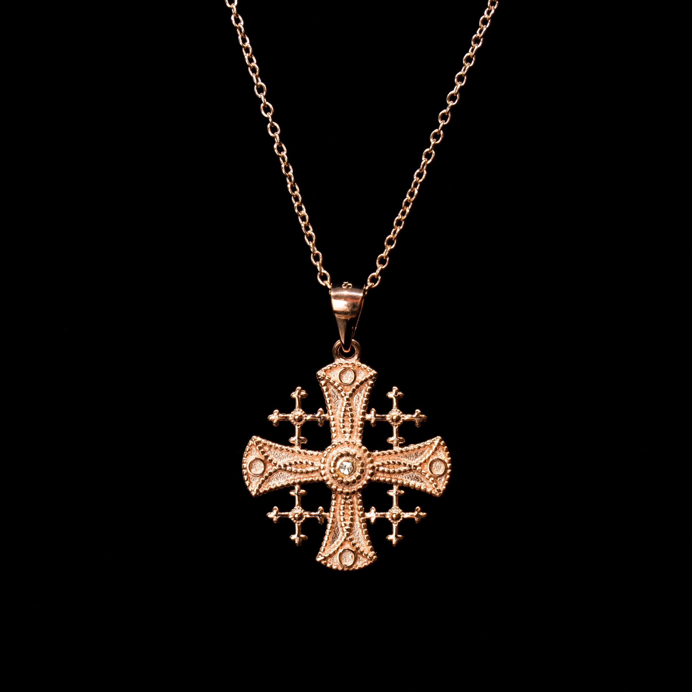 Bronze Jerusalem Cross Pendant 1.5 Inch On Brown Cord Crusaders Cross Necklace